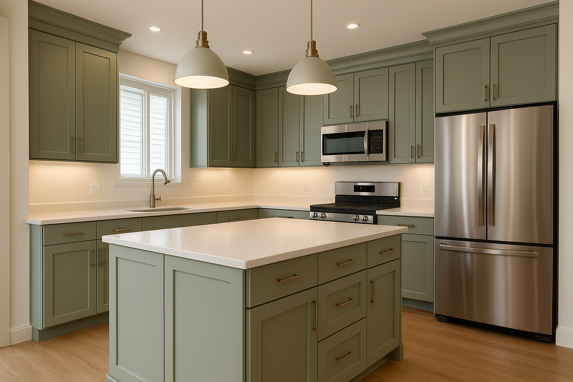 Evergreen Fog Kitchen Cabinets | Sherwin-Williams SW 9130 Cabinet Color Spotlight