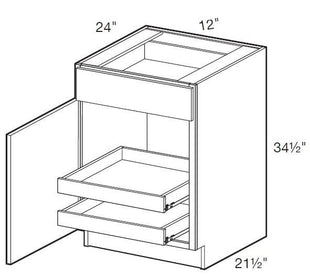 B12L-2T - Manhattan High Gloss White - Base 12" - Single Door/ Single Drawer - 2 Rollout Trays - Hinges On Left