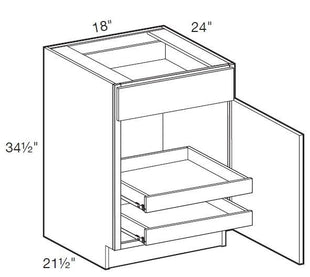 B18R-2T - Manhattan High Gloss White - Base 18" - Single Door/Single Drawer - 2 Rollout Trays - Hinges On Right