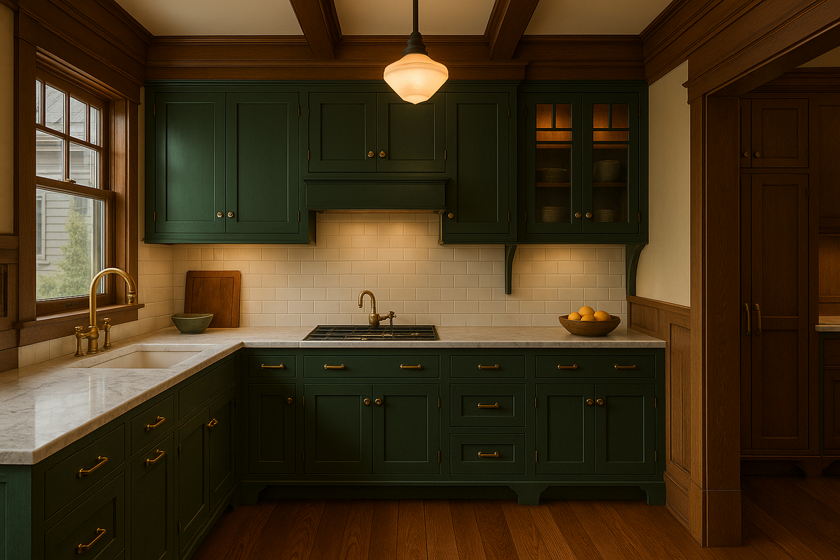 Roycroft Bottle Green Kitchen Cabinets | Sherwin-Williams SW 2847 Cabinet Color Spotlight