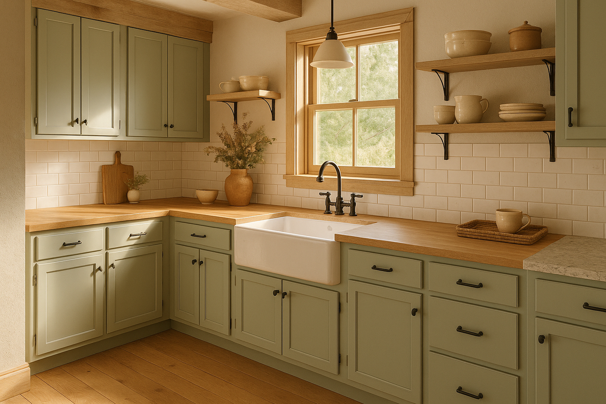 Softened Green Kitchen Cabinets | Sherwin-Williams SW 6177 Cabinet Color Spotlight
