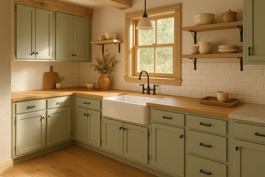 Softened Green Kitchen Cabinets | Sherwin-Williams SW 6177 Cabinet Color Spotlight