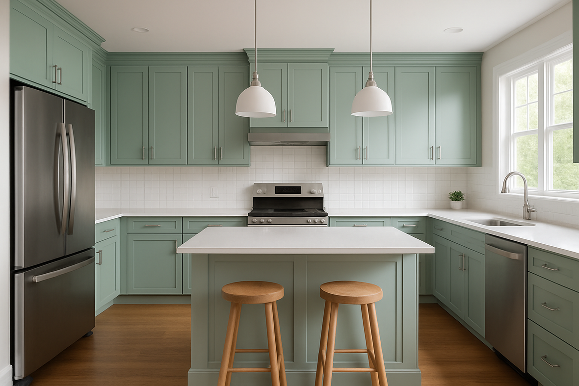 Oyster Bay Kitchen Cabinets | Sherwin-Williams SW 6206 Cabinet Color Spotlight