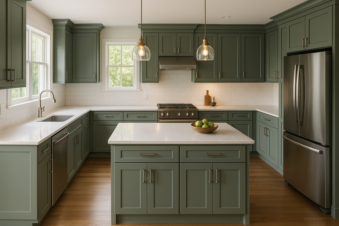 Pewter Green Kitchen Cabinets | Sherwin-Williams SW 6208 Cabinet Color ...