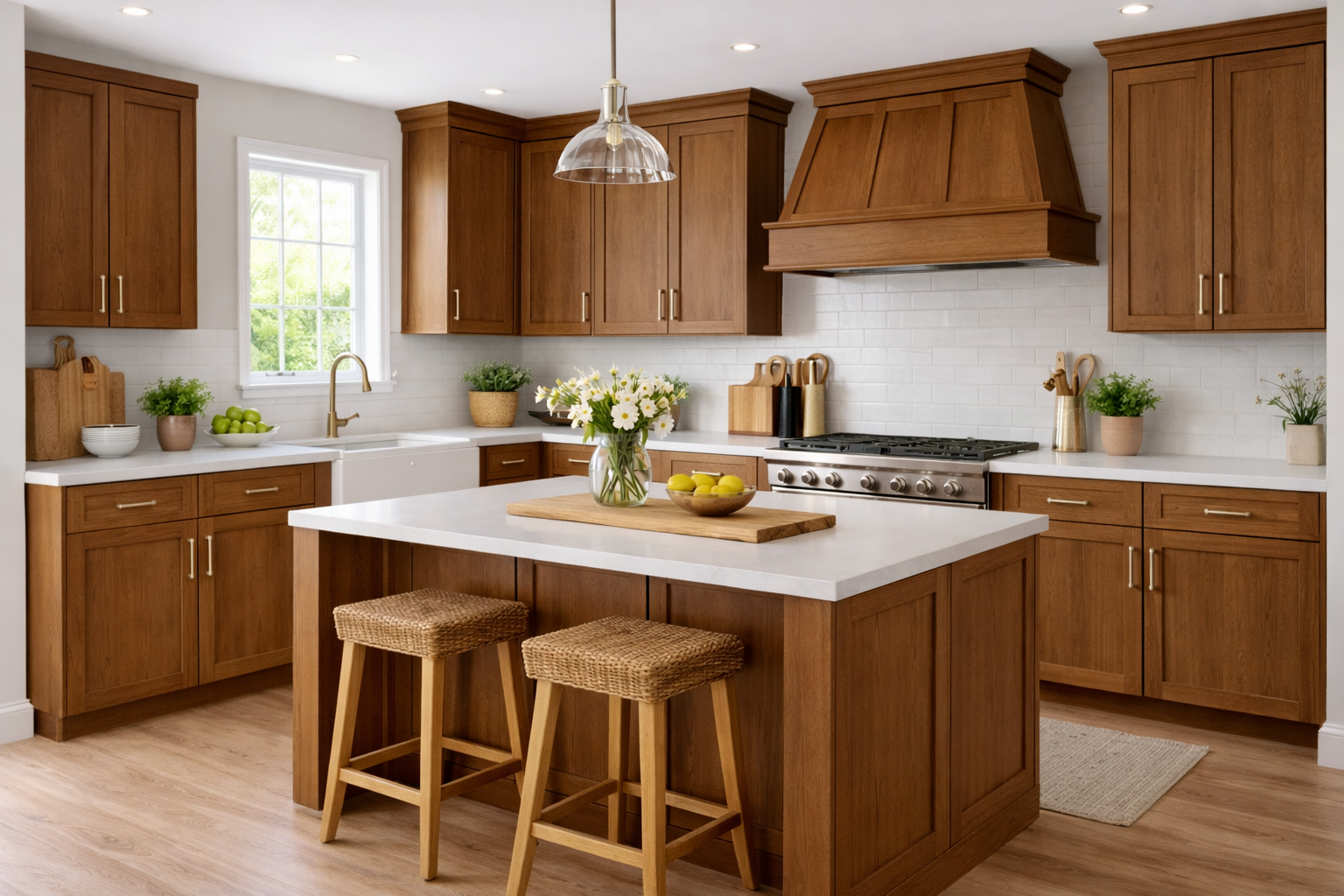 Transitional kitchen design with Sherwin-Williams Minwax Early American Match  cabinets
