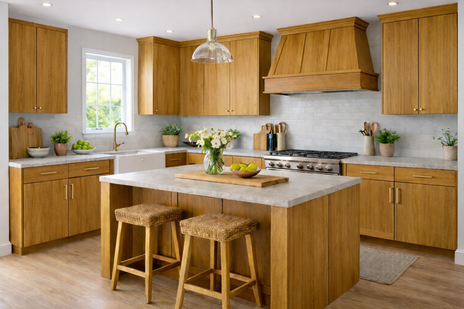 Transitional kitchen design with Sherwin-Williams Minwax Golden Oak Match  cabinets