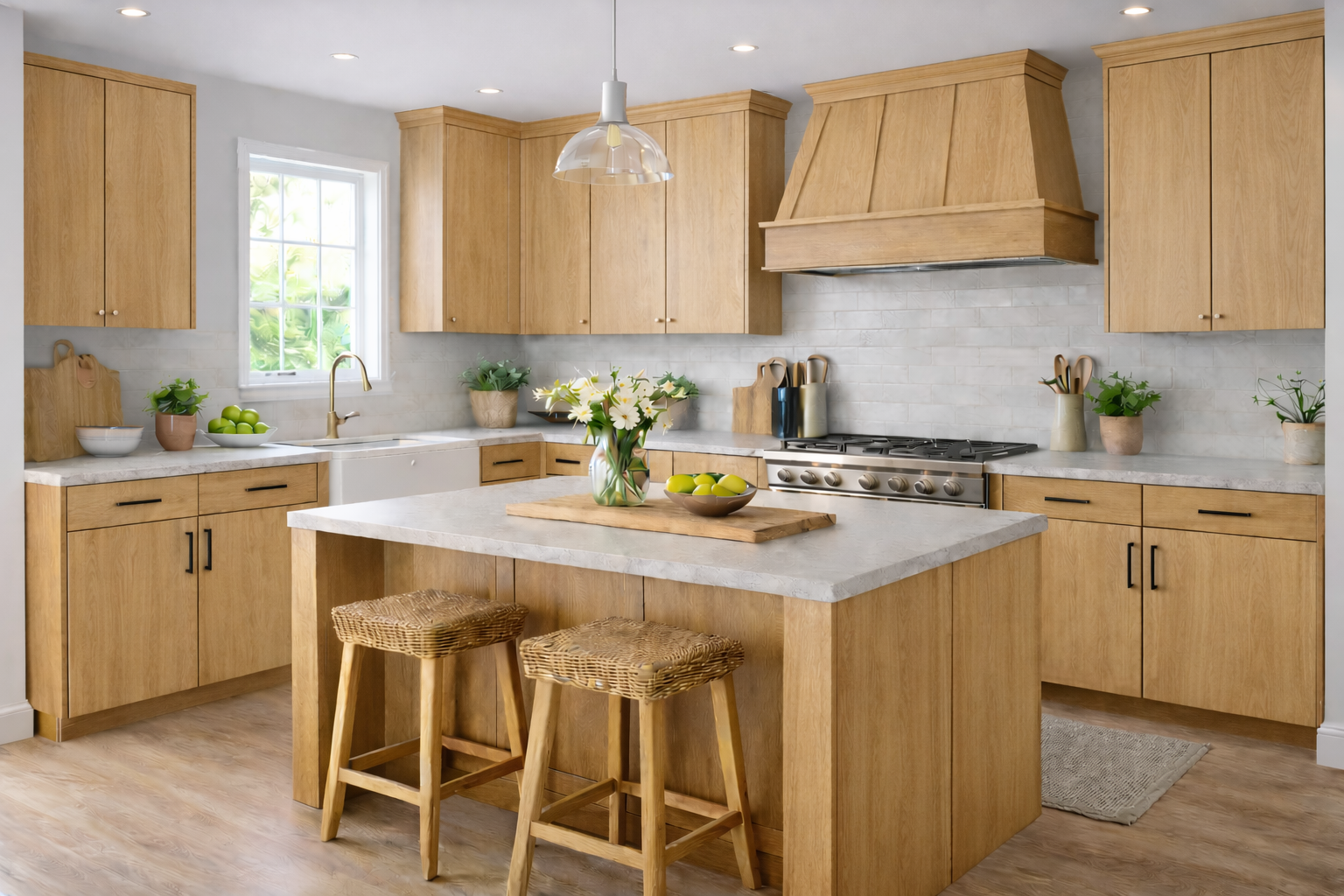 Transitional kitchen design with Sherwin-Williams Minwax Natural Match  cabinets