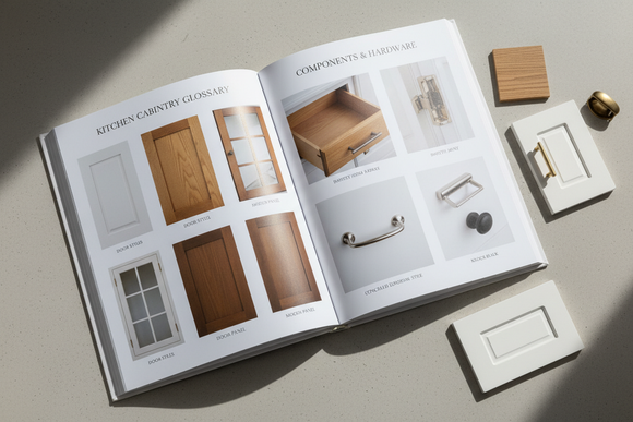 A clean, educational hero image for a cabinetry glossary page. display an open glossary type of book with various kitchen cabinet parts pictured within it