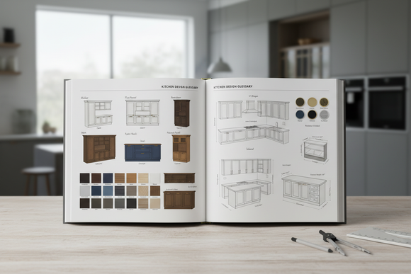 A clean, educational hero image for a kitchen design guidelines page. display an open glossary type of book with various kitchen design elements in it