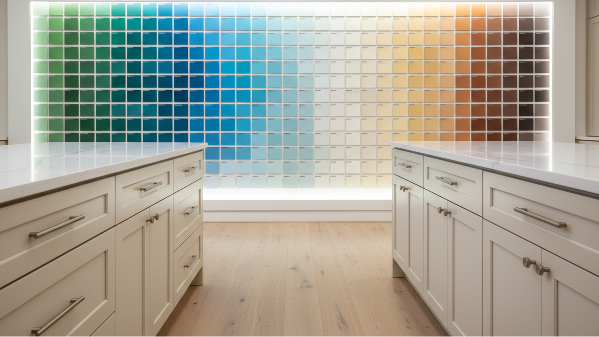 A modern kitchen with full-overlay Shaker cabinets in a warm neutral white, 5-piece recessed Shaker drawers, no face frame visible. Behind the island, feature a large, beautifully lit display wall showing Sherwin-Williams–inspired paint swatches arranged by color family. Above the swatches, include a clean studio-style sign that reads: “Sherwin-Williams® Custom Paint Program – Choose Your Cabinet Color”. White quartz countertops, brass or nickel hardware, natural white-oak flooring, soft daylight, ultra-cle