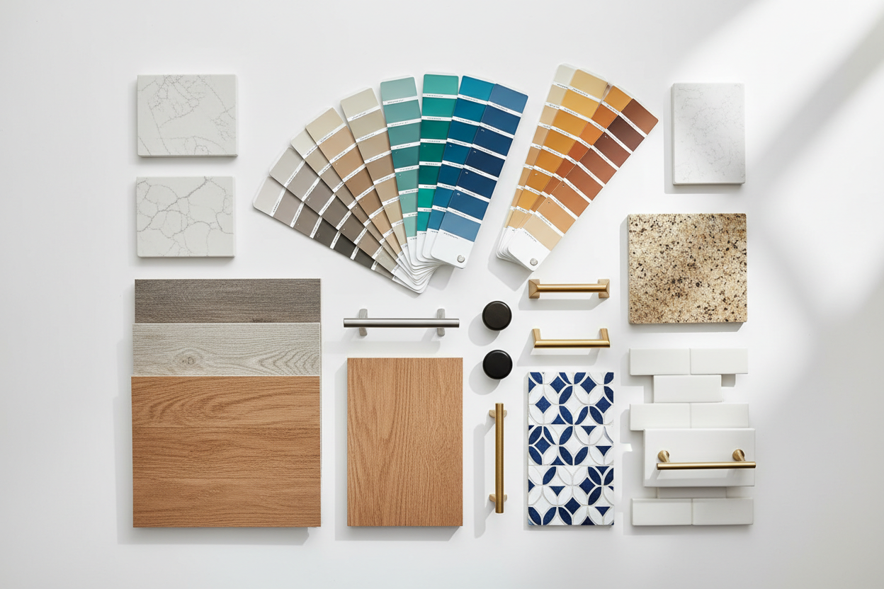 A rich hero image for a sherwin williams color and inspiration guide. display an several color samples and fan decks with hardware, countertop, flooring, and backsplash varieties