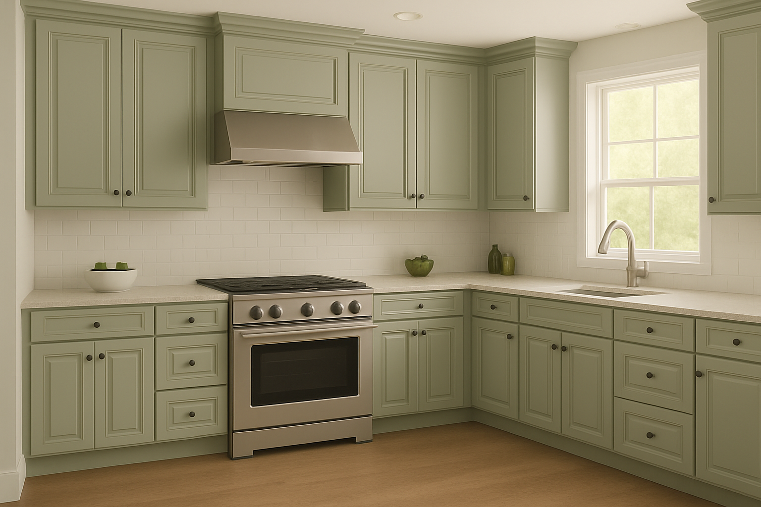 Transitional kitchen design with Sherwin-Williams Evergreen Fog SW9130 cabinets