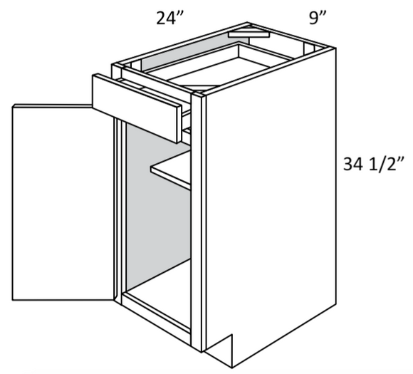 B09L - Assembled Sage Green Shaker - Base Cabinet - Single Door/Drawer - 9"W x 34.5"H x 24" - Hinges on Left