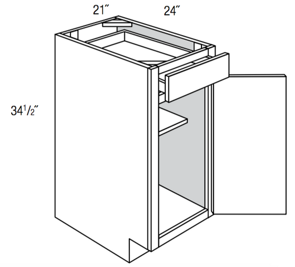 B21R - Assembled Unfinished Shaker - Base Cabinet - Single Door/Drawer - 21"W x 34.5"H x 24"D - Hinges on Right