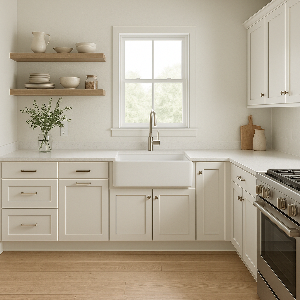 Sherwin-Williams Pearly White SW7009 kitchen cabinets