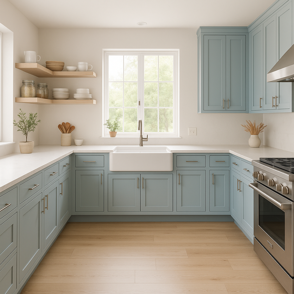 Sherwin-Williams Tradewind SW6218 kitchen cabinets