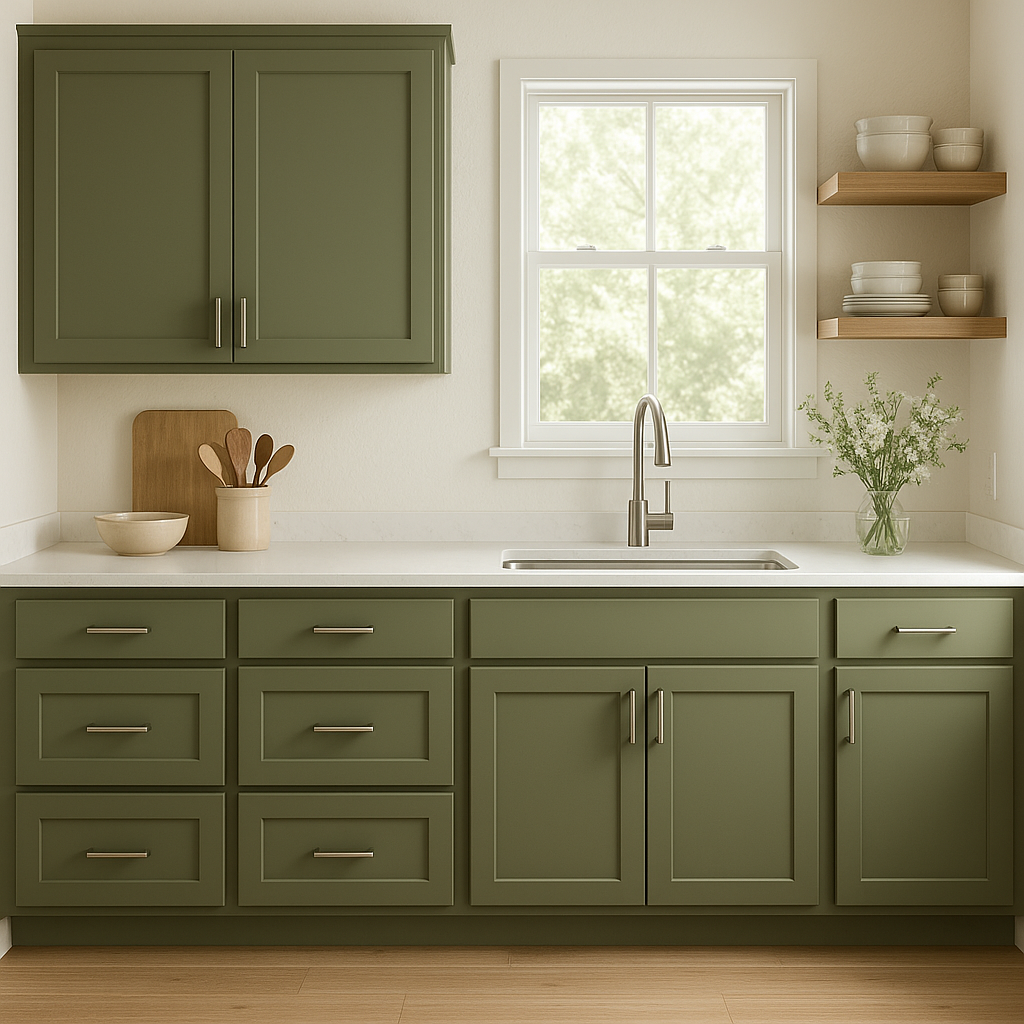 Sherwin-Williams Olive Grove SW7734 kitchen cabinets