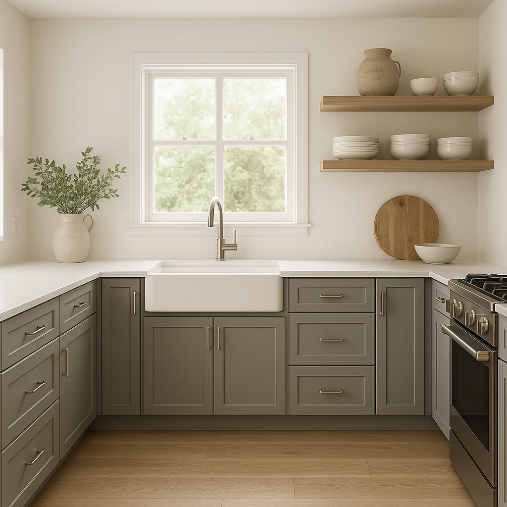 Sherwin-Williams Pier SW7545 kitchen cabinets