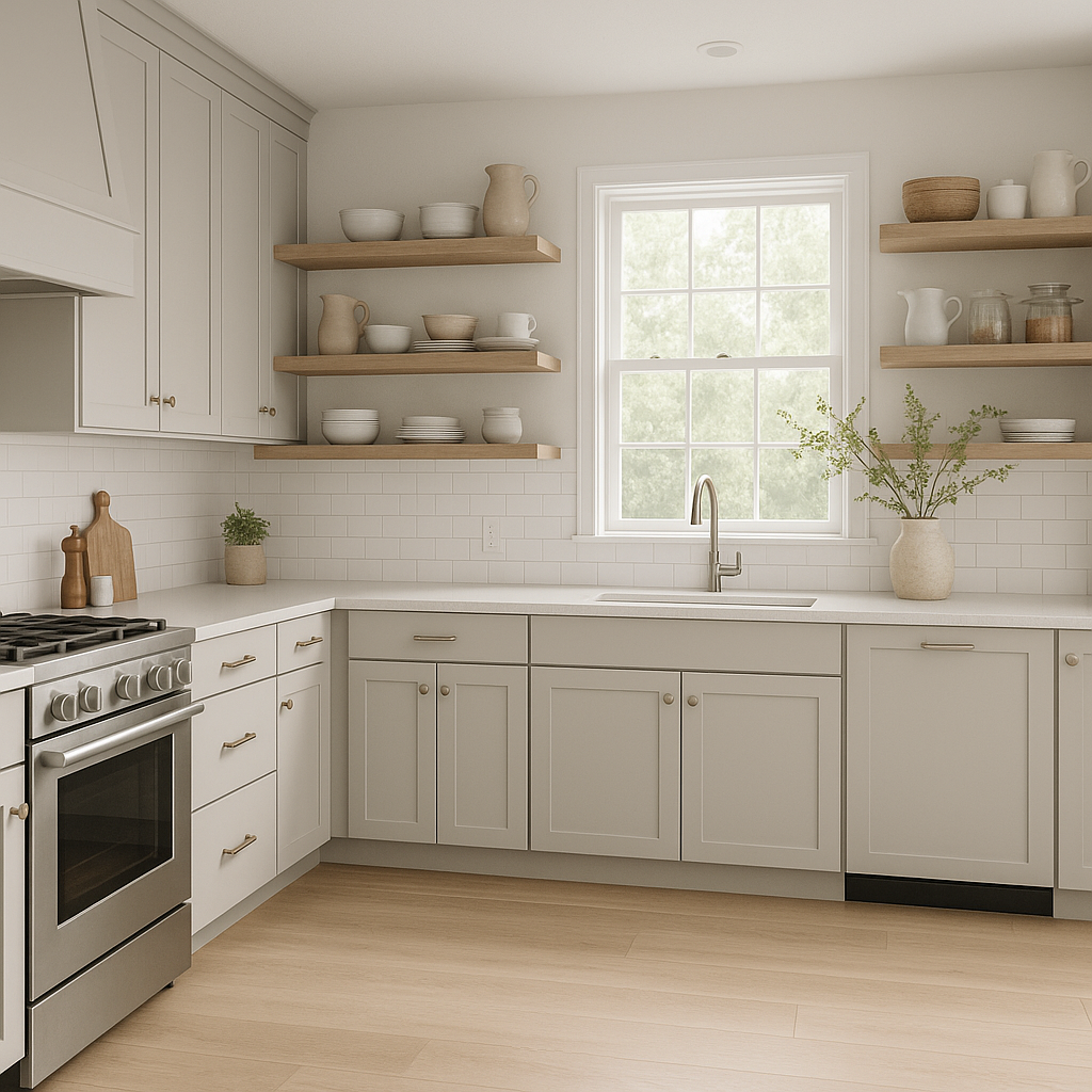 Sherwin-Williams Drift of Mist SW9166 kitchen cabinets