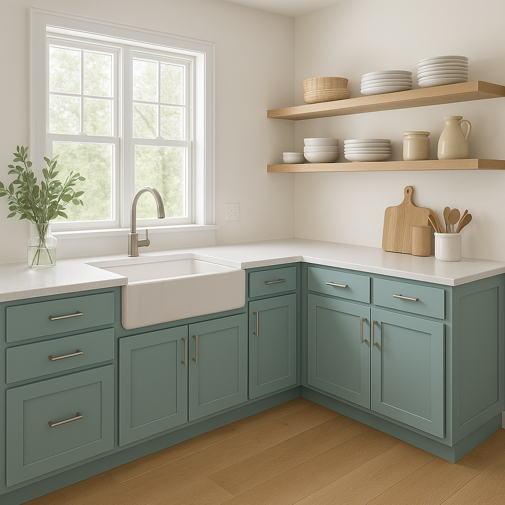 Sherwin-Williams Interesting Aqua SW6220 kitchen cabinets
