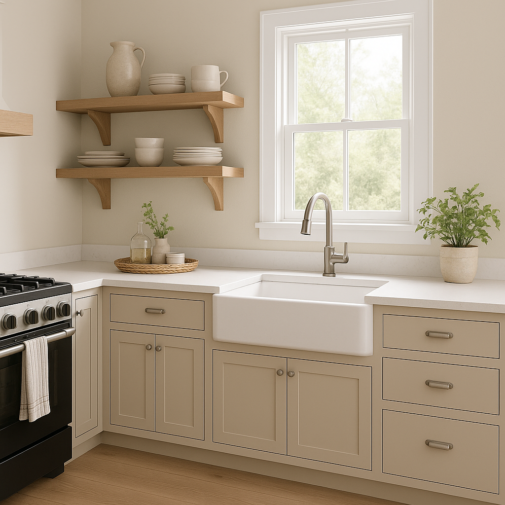 Sherwin-Williams Pavilion Beige SW7512 kitchen cabinets