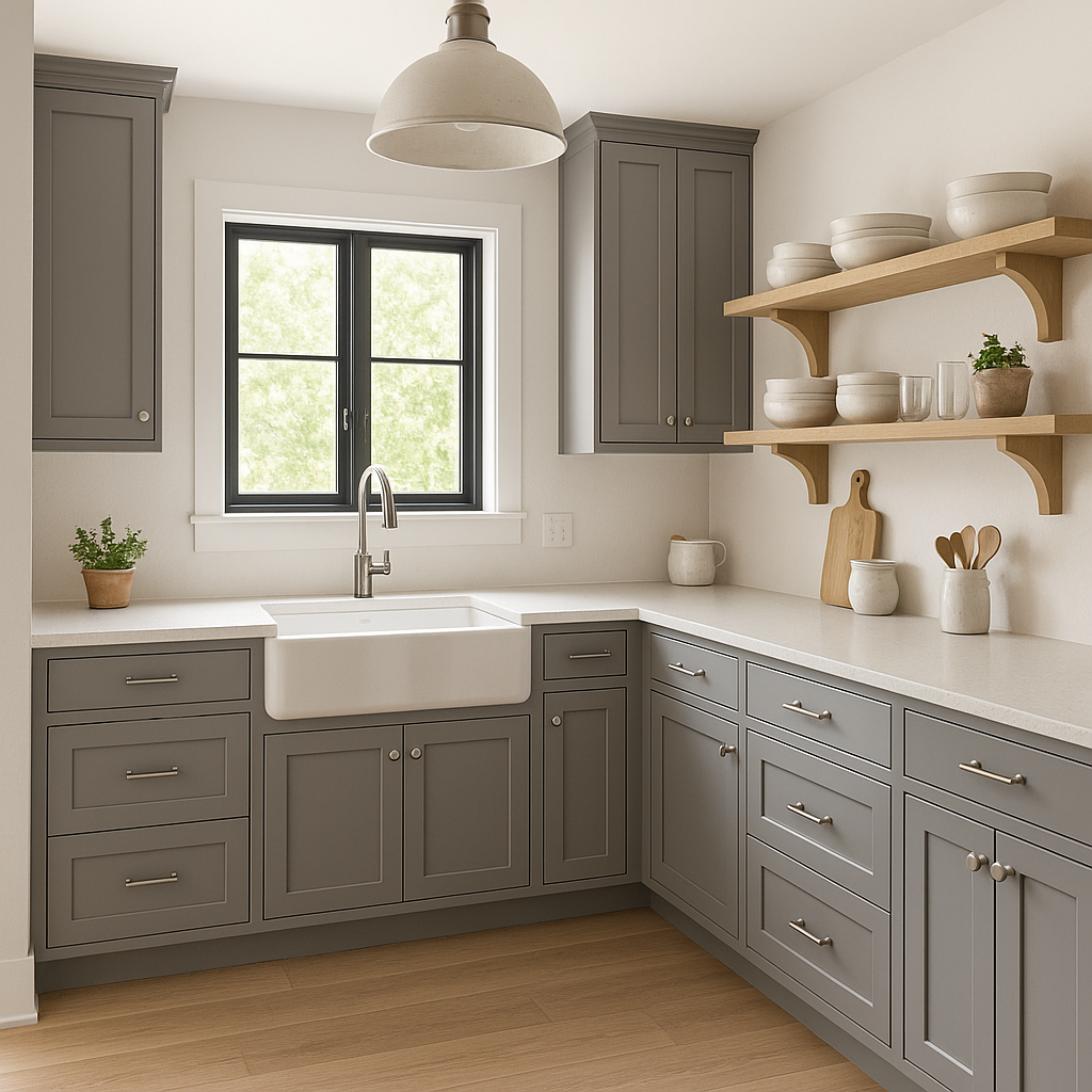 Sherwin-Williams Gray Area SW7052 kitchen cabinets
