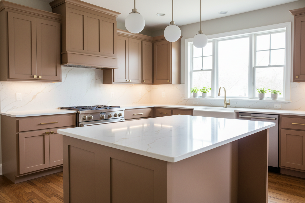 Transitional kitchen design with Sherwin-Williams Bittersweet Stem SW7536 cabinets