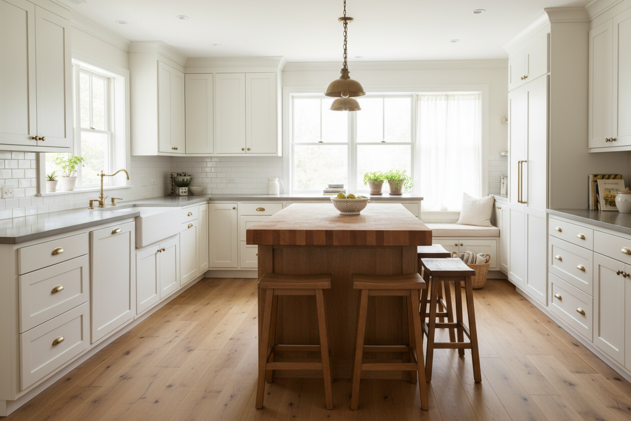 Bright farmhouse kitchen with full-overlay Shaker cabinets in Sherwin-Williams Alabaster (SW 7008), large butcher block island, white subway tile backsplash, apron-front sink, brushed brass hardware, light oak flooring, soft natural daylight, cozy lived-in farmhouse feel, no people, no text.