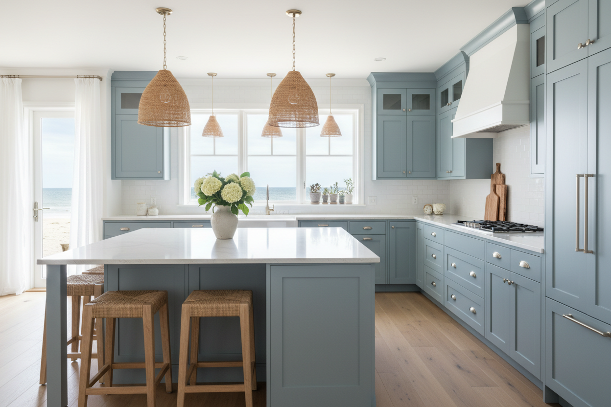 Transitional kitchen design with Sherwin-Williams Rain Cloud SW 9639 cabinets