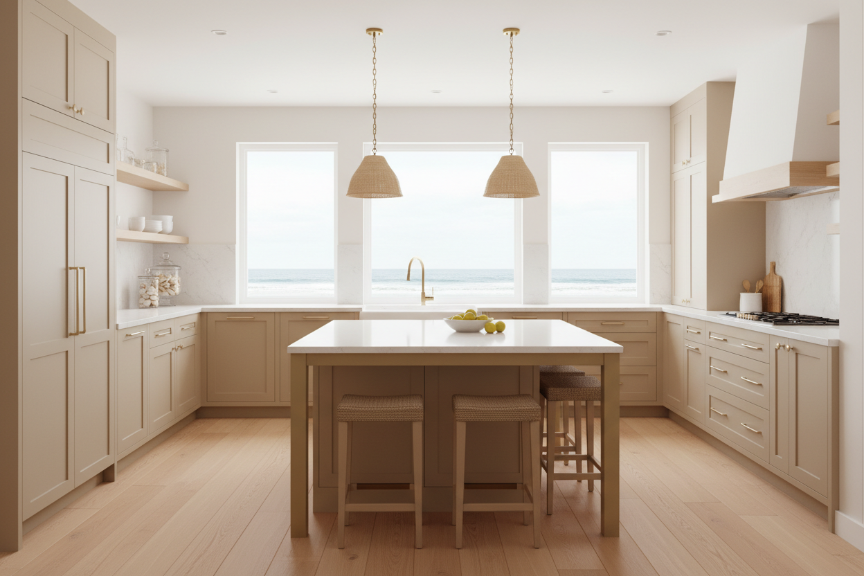 Transitional kitchen design with Sherwin-Williams Sandbank SW 6052 cabinets