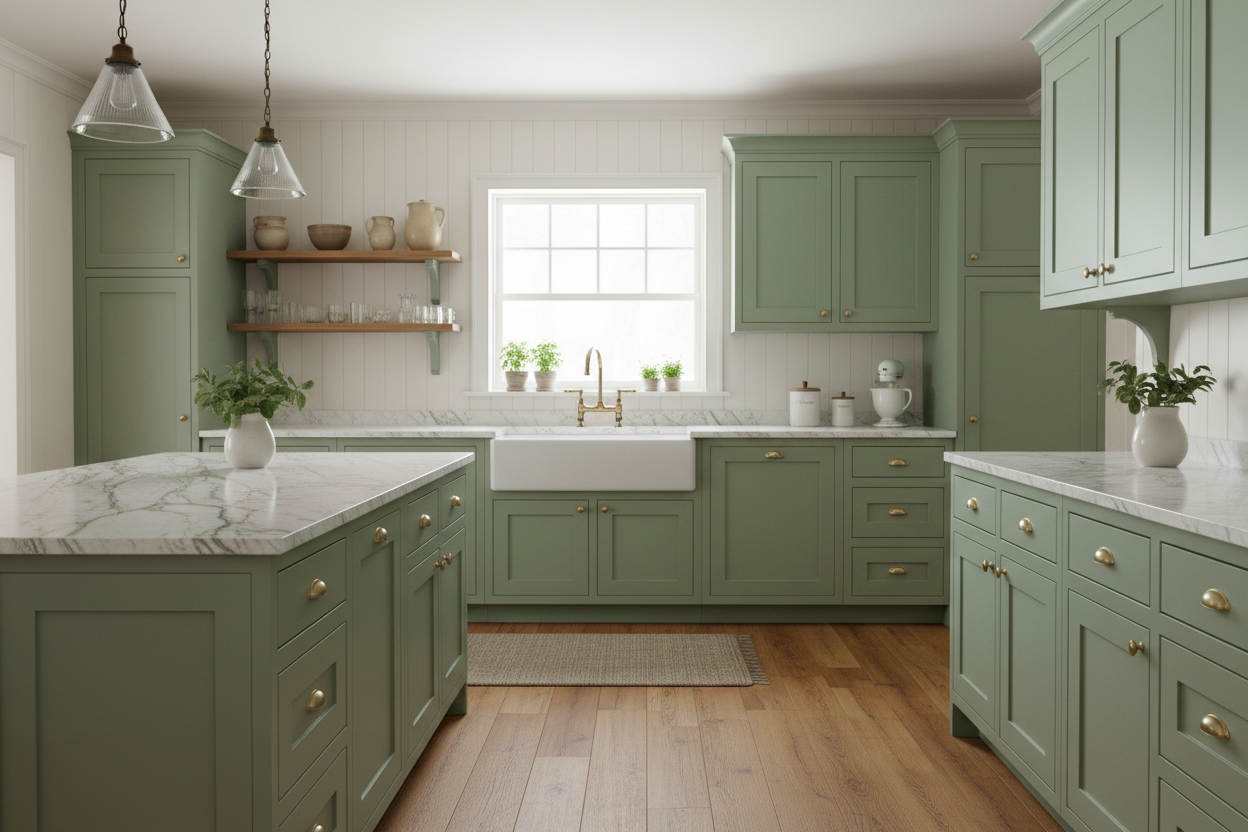 Transitional kitchen design with Sherwin-Williams Garden Gate SW 6167 cabinets