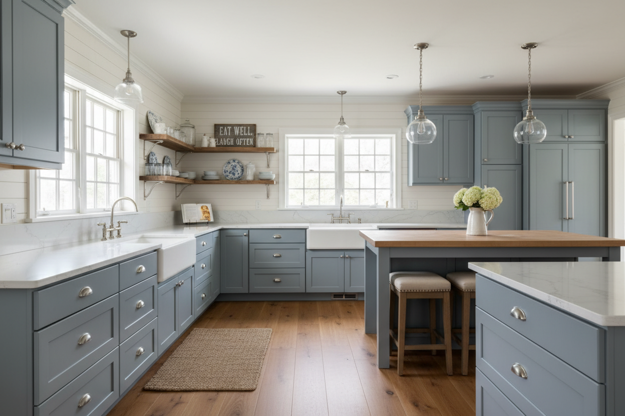 Sherwin-Williams Rain Cloud SW 9639 kitchen cabinets