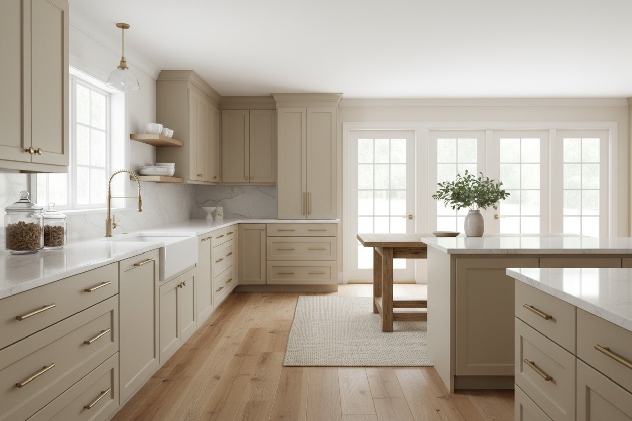 Sherwin-Williams Sandbank SW 6052 kitchen cabinets