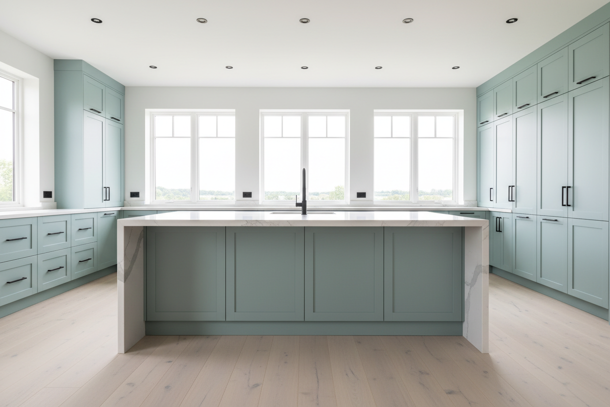 Transitional kitchen design with Sherwin-Williams Rainwashed SW6211 cabinets