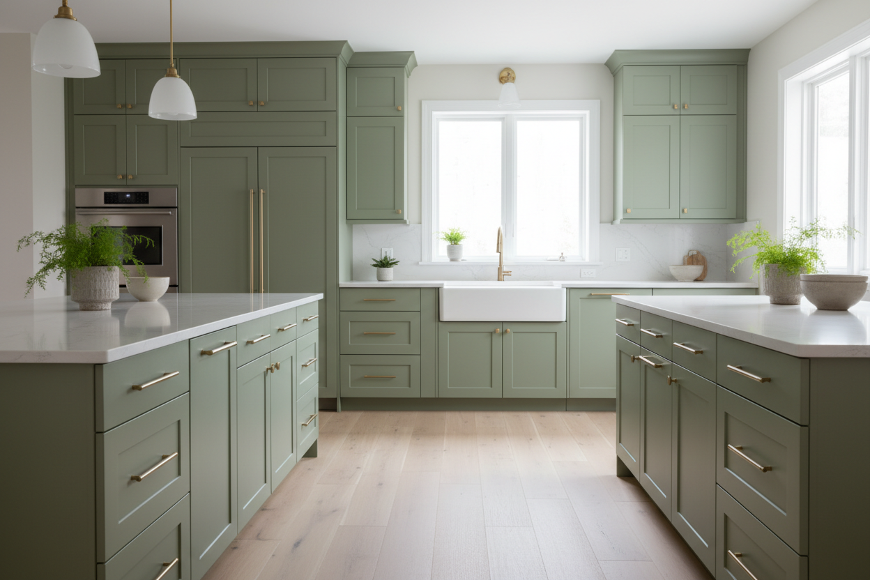 Sherwin-Williams Softened Green SW6177 kitchen cabinets