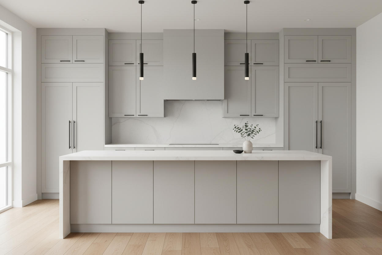 Full-overlay flat-panel in Fleur de Sel (SW 7666), frameless look, matte black hardware, white quartz waterfall island, concrete or light oak floors, minimal decor, clean lines, soft daylight, 8k, 21:9 or 4:5.