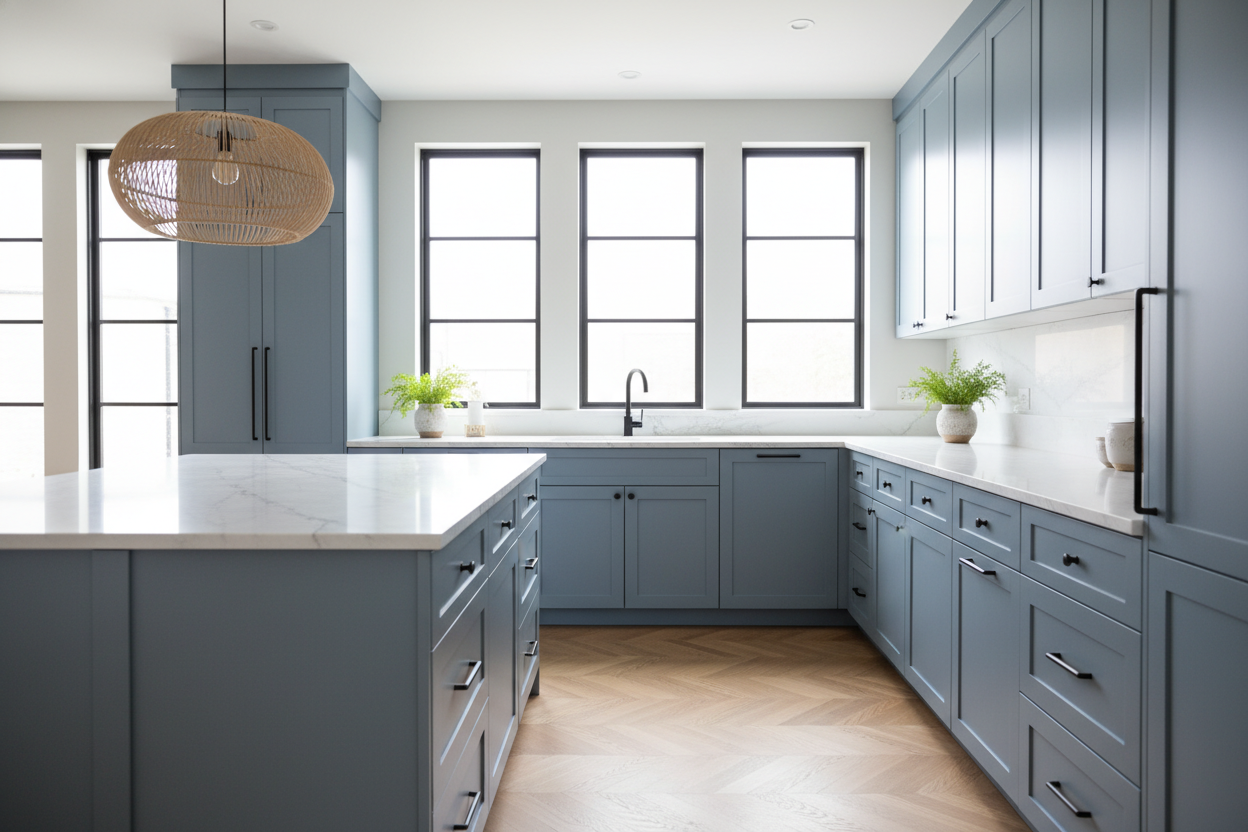 Transitional kitchen design with Sherwin-Williams Smoky Blue SW7604 cabinets