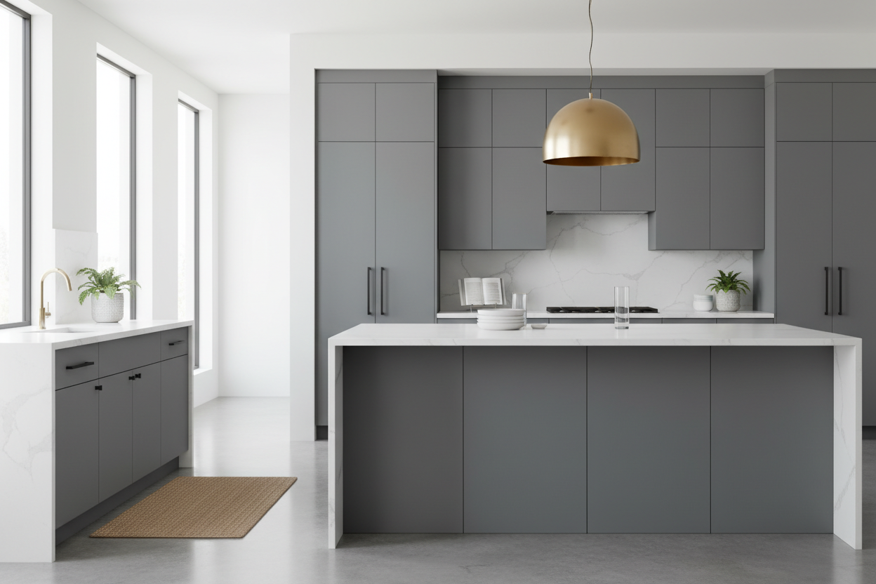 Full-overlay flat-panel slab kitchen cabinets painted Sherwin Williams Dovetail (SW 7018), smooth satin finish with no visible seams, white quartz or marble countertops, matte black or brass hardware, polished concrete or oak floors, minimalist decor, natural daylight, photorealistic 8k composition — alt text: Sherwin Williams Dovetail (SW 7018) slab kitchen cabinets, flat-panel modern design, brass hardware, marble countertops, concrete flooring.