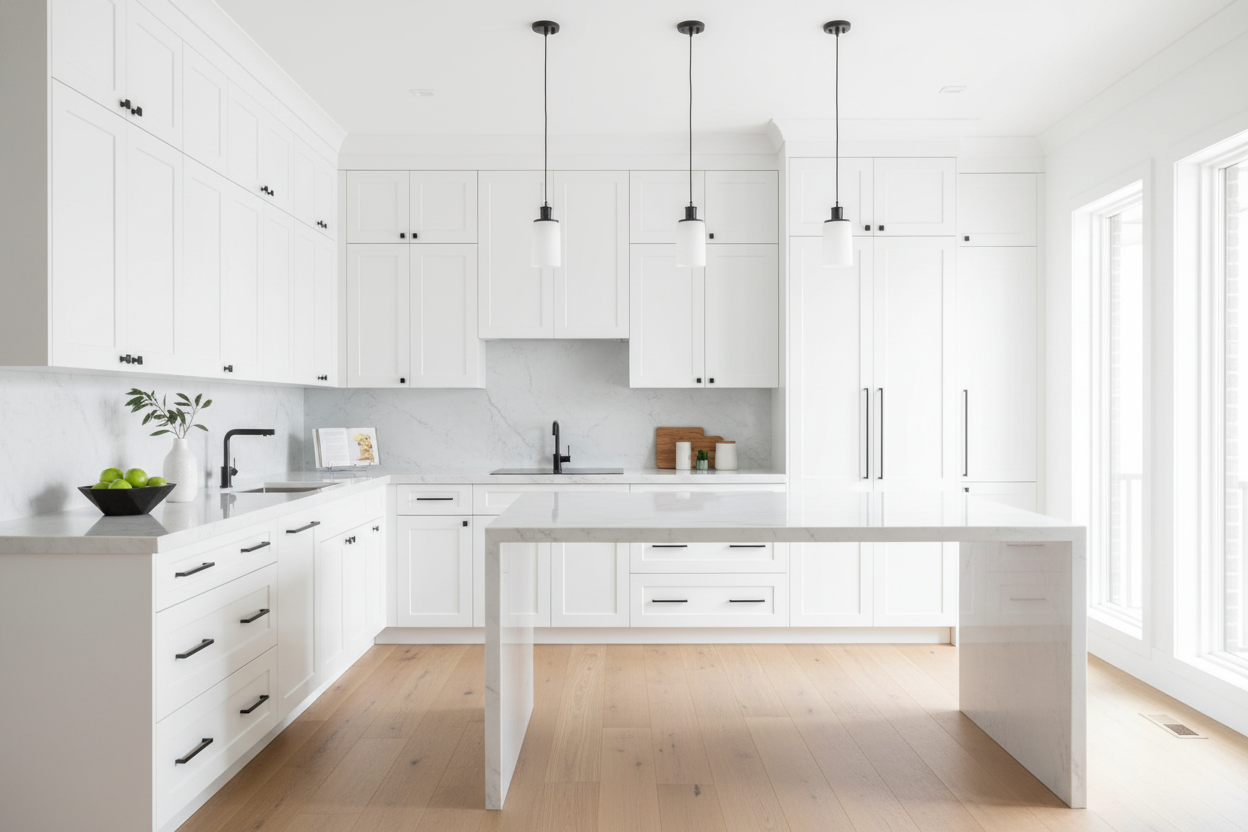 Full-overlay flat-panel slab kitchen cabinets painted Sherwin-Williams Extra White (SW 7006), smooth satin finish with no visible seams, white quartz or marble countertops, chrome or black hardware, polished concrete or light oak floors, minimalist decor, natural daylight, photorealistic 8k composition