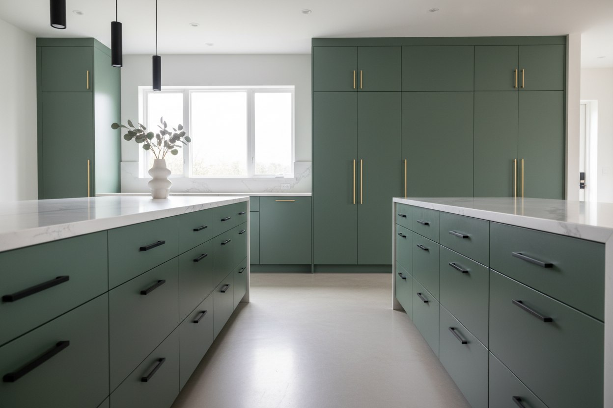 Full-overlay flat-panel slab kitchen cabinets painted Sherwin Williams Pewter Green (SW 6208), smooth satin finish with no visible seams, white quartz or marble countertops, matte black or brass hardware, concrete or natural oak floors, minimalist decor, soft daylight, photorealistic 8k rendering — alt text: Sherwin Williams Pewter Green (SW 6208) slab kitchen cabinets, flat-panel modern design, brass hardware, marble countertops, concrete flooring.