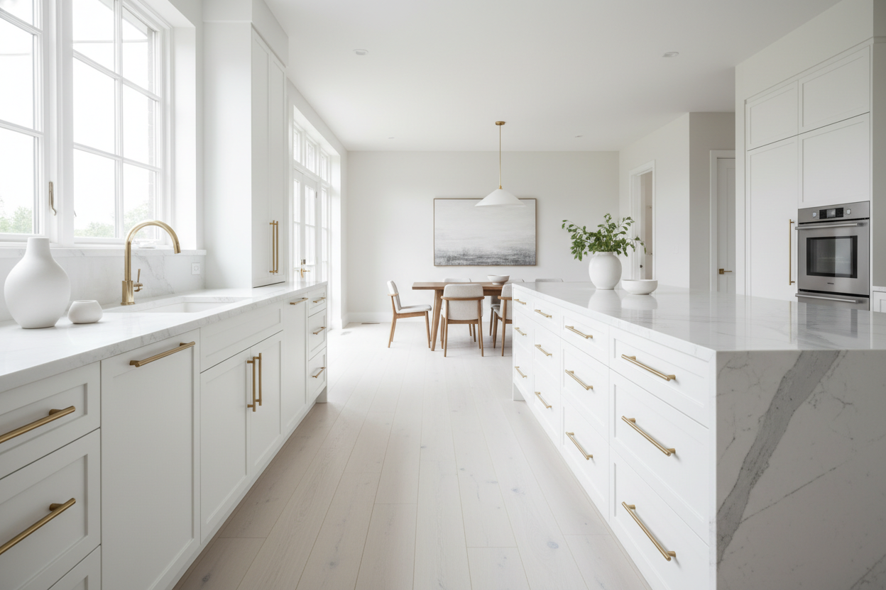 Transitional kitchen design with Sherwin-Williams Pure White SW7005 cabinets