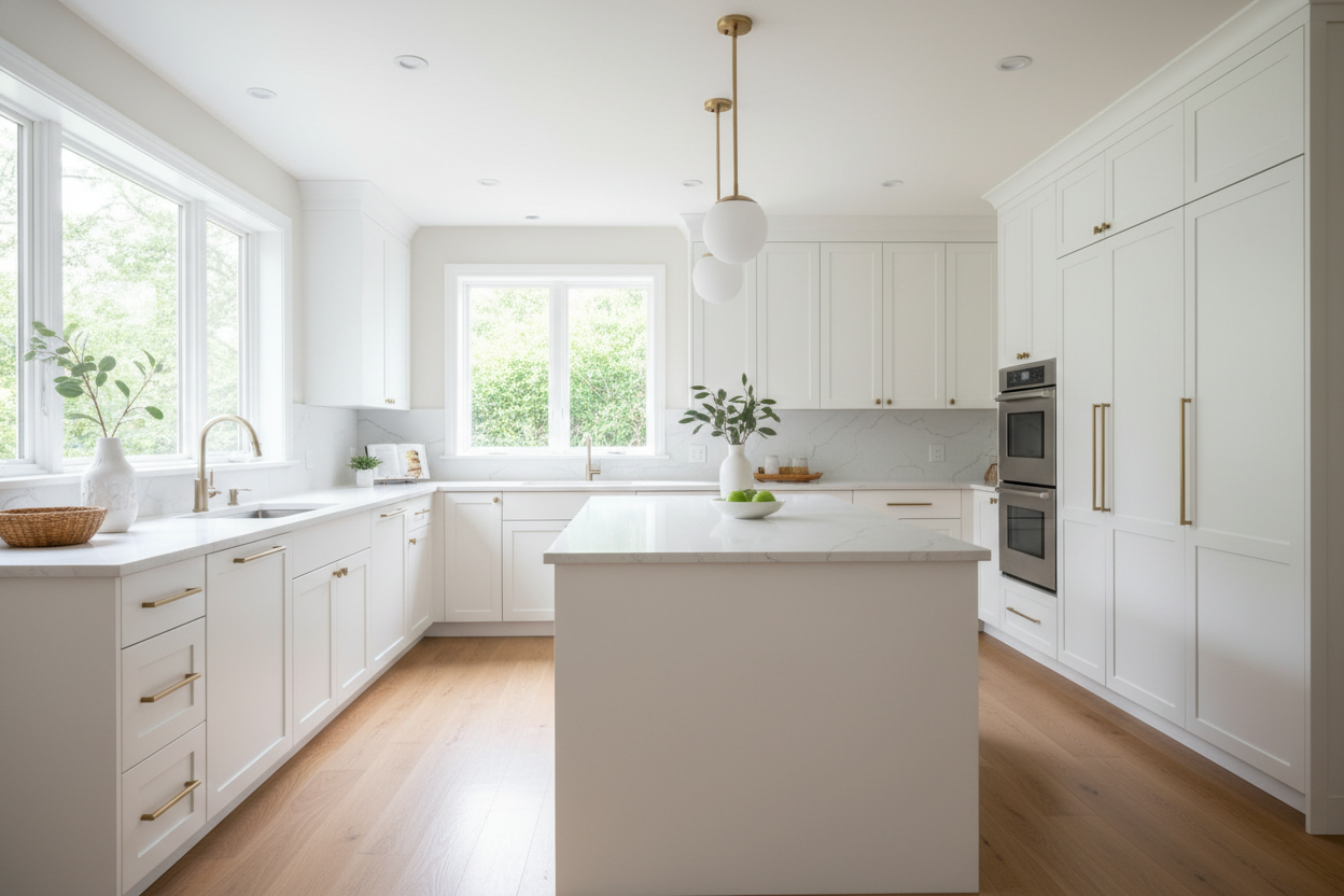 Full-overlay flat-panel slab kitchen cabinets painted Sherwin-Williams Snowbound (SW 7004), smooth satin finish with no visible seams, white quartz or marble countertops, brass or nickel hardware, polished concrete or light oak floors, minimalist decor, natural daylight, photorealistic 8k composition