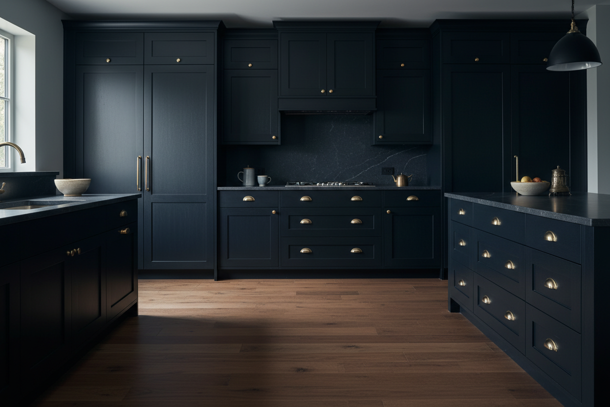 Transitional kitchen design with Sherwin-Williams Inkwell SW6992 cabinets