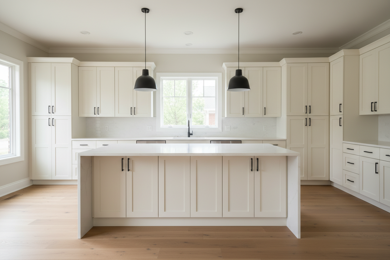 Transitional kitchen design with Sherwin-Williams Heron Plume SW6070 cabinets
