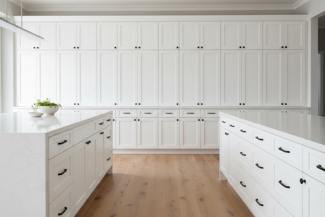 Transitional kitchen design with Sherwin-Williams West Highland White SW7566 cabinets