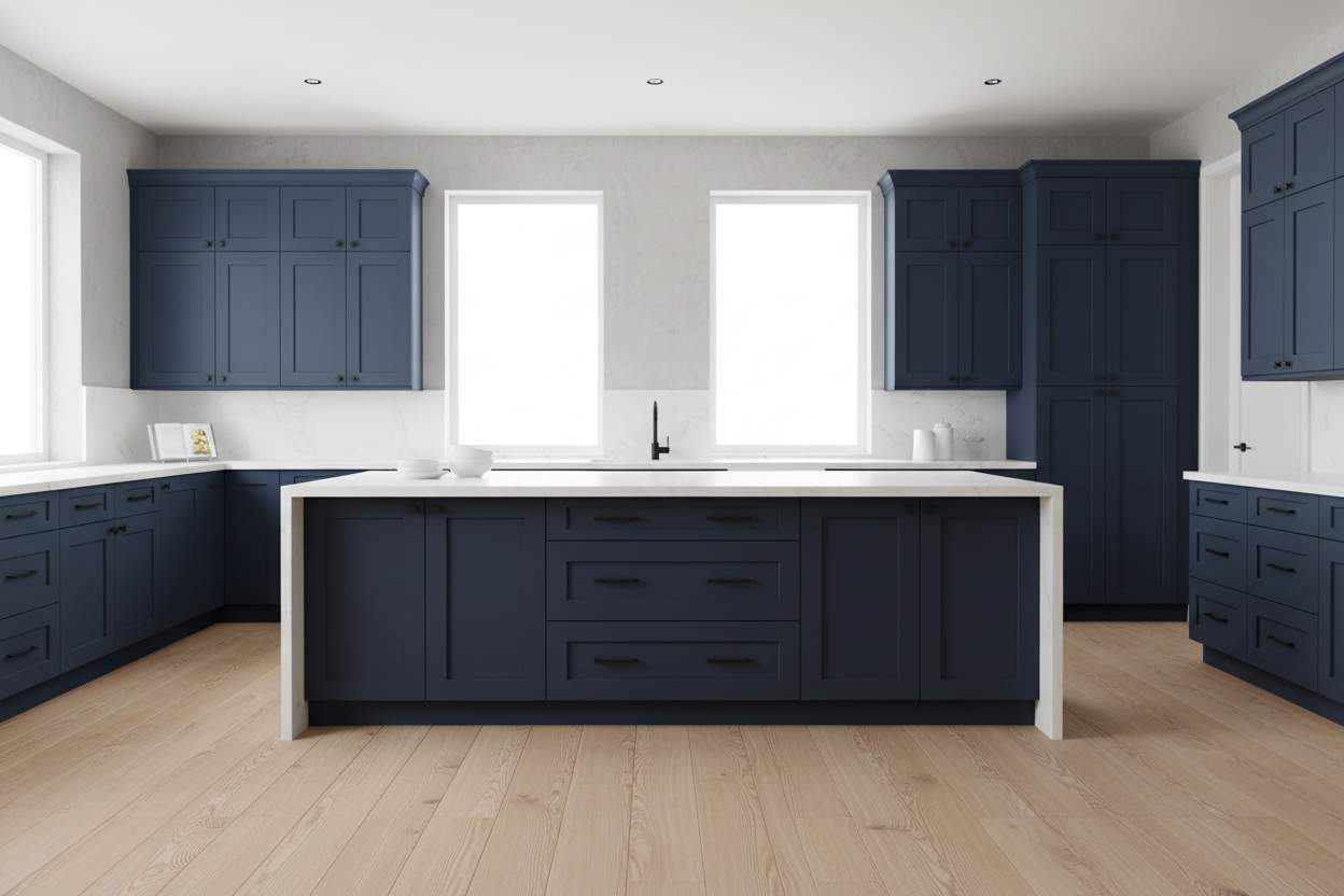 Transitional kitchen design with Sherwin-Williams Salty Dog SW9177 cabinets