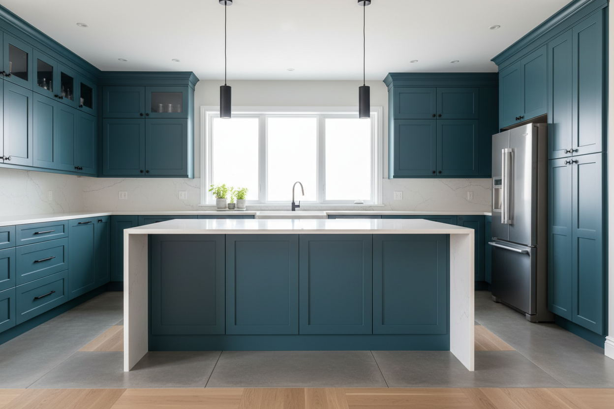 Transitional kitchen design with Sherwin-Williams Oceanside SW6496 cabinets