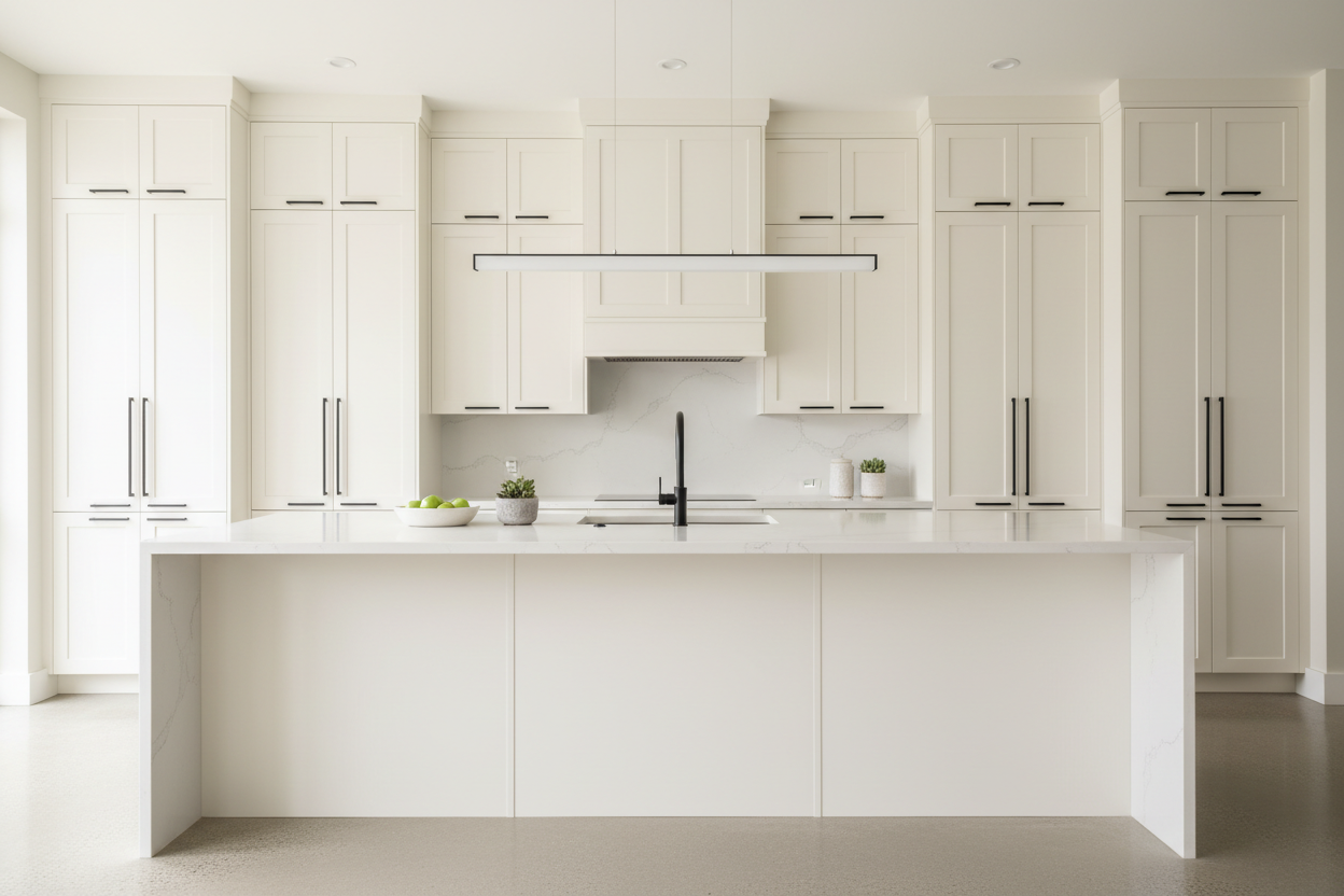 Transitional kitchen design with Sherwin-Williams Egret White Egret White (SW 7570) cabinets