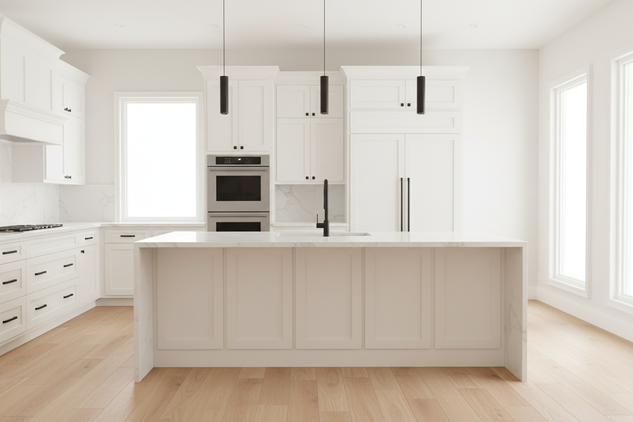 Transitional kitchen design with Sherwin-Williams White Duck SW7010 cabinets