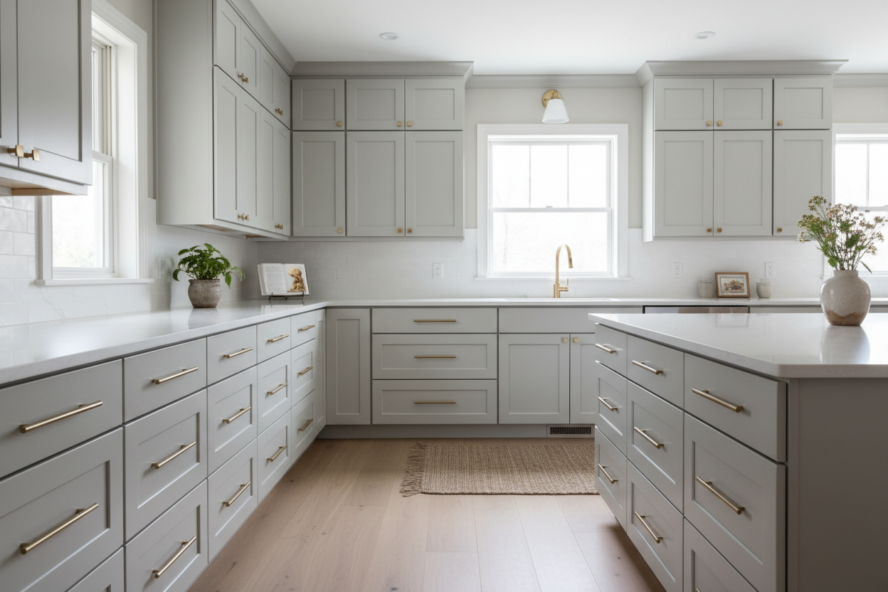 Transitional kitchen design with Sherwin-Williams Eider White Eider White (SW 7014) cabinets
